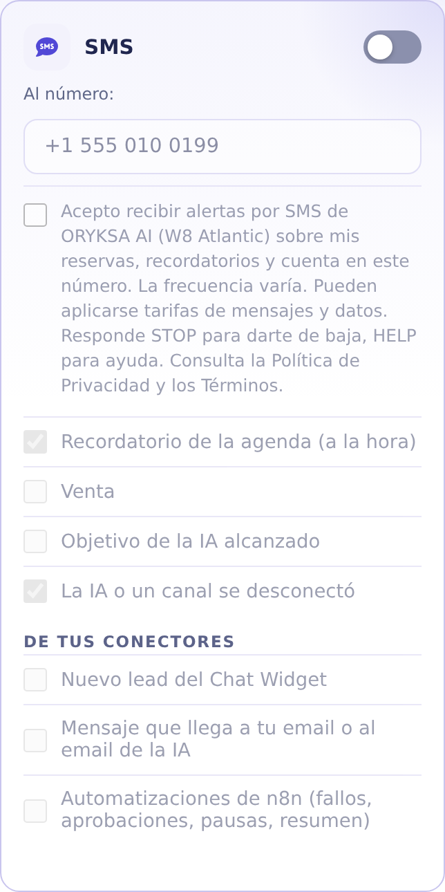 La autorización de SMS en la configuración de la cuenta ORYKSA